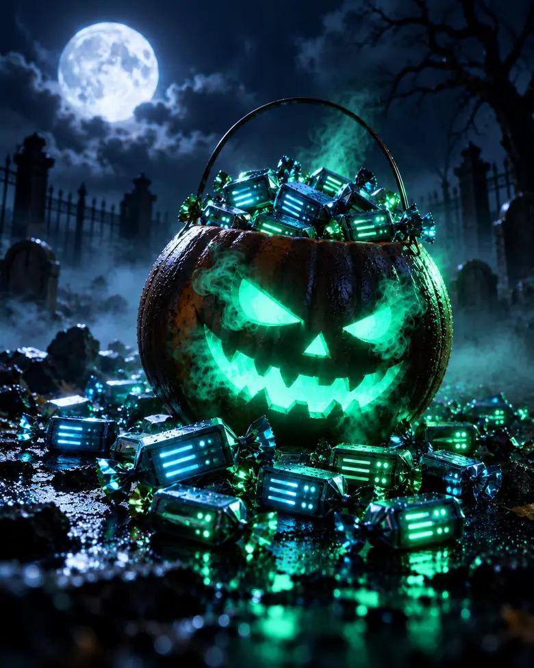 Jack-o'-lantern bucket overflowing with candies shaped like glowing server racks in a moonlit graveyard
